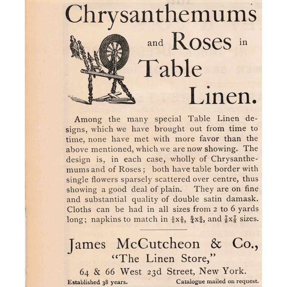 1891 James McCutcheon & Co Table Linen Chrysanthemums Roses Damask Print‎ Ad